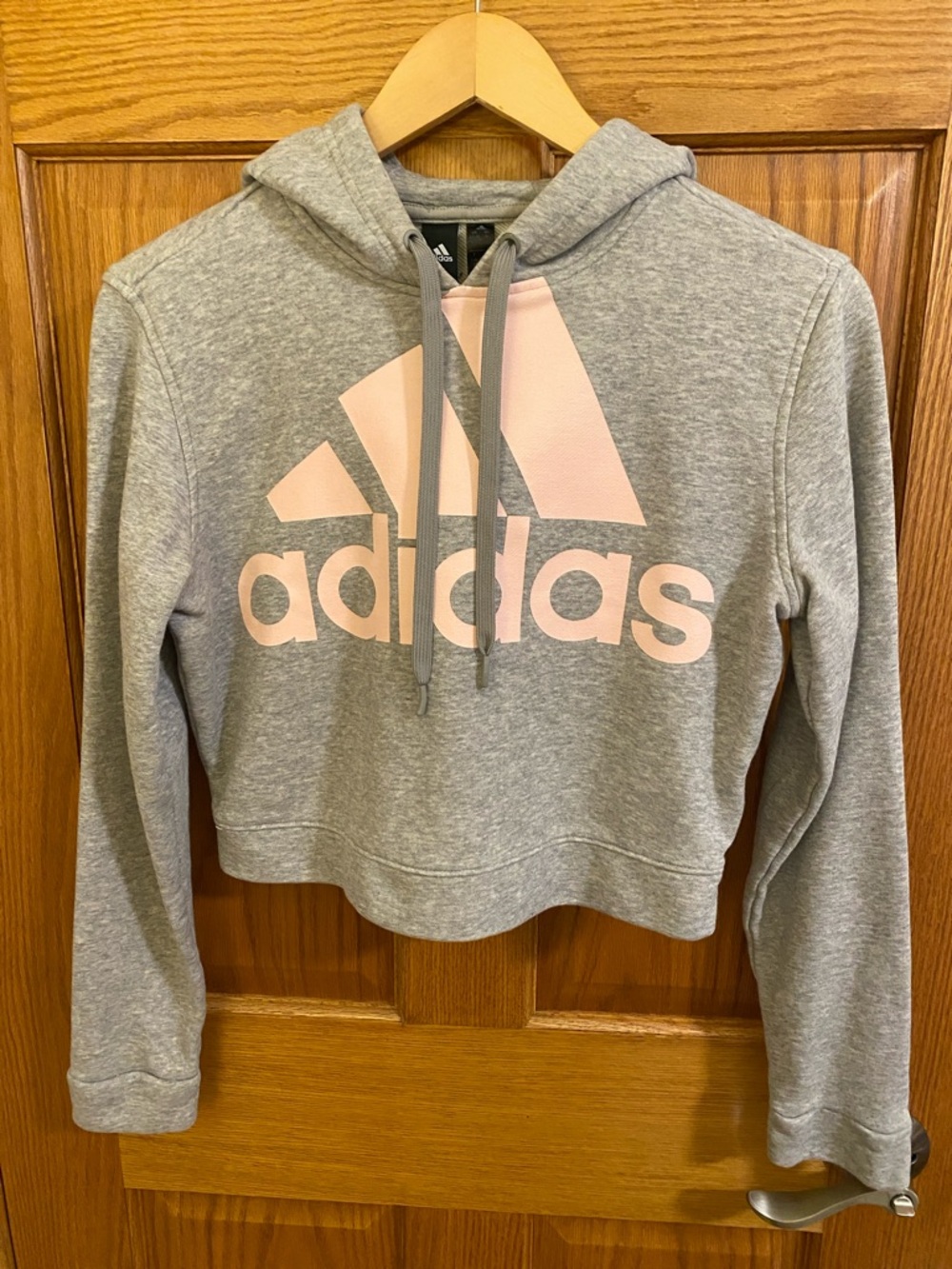 adidas Gray Cropped Hoodie with Light Pink Logo Athleisure Athletic Gym Size S